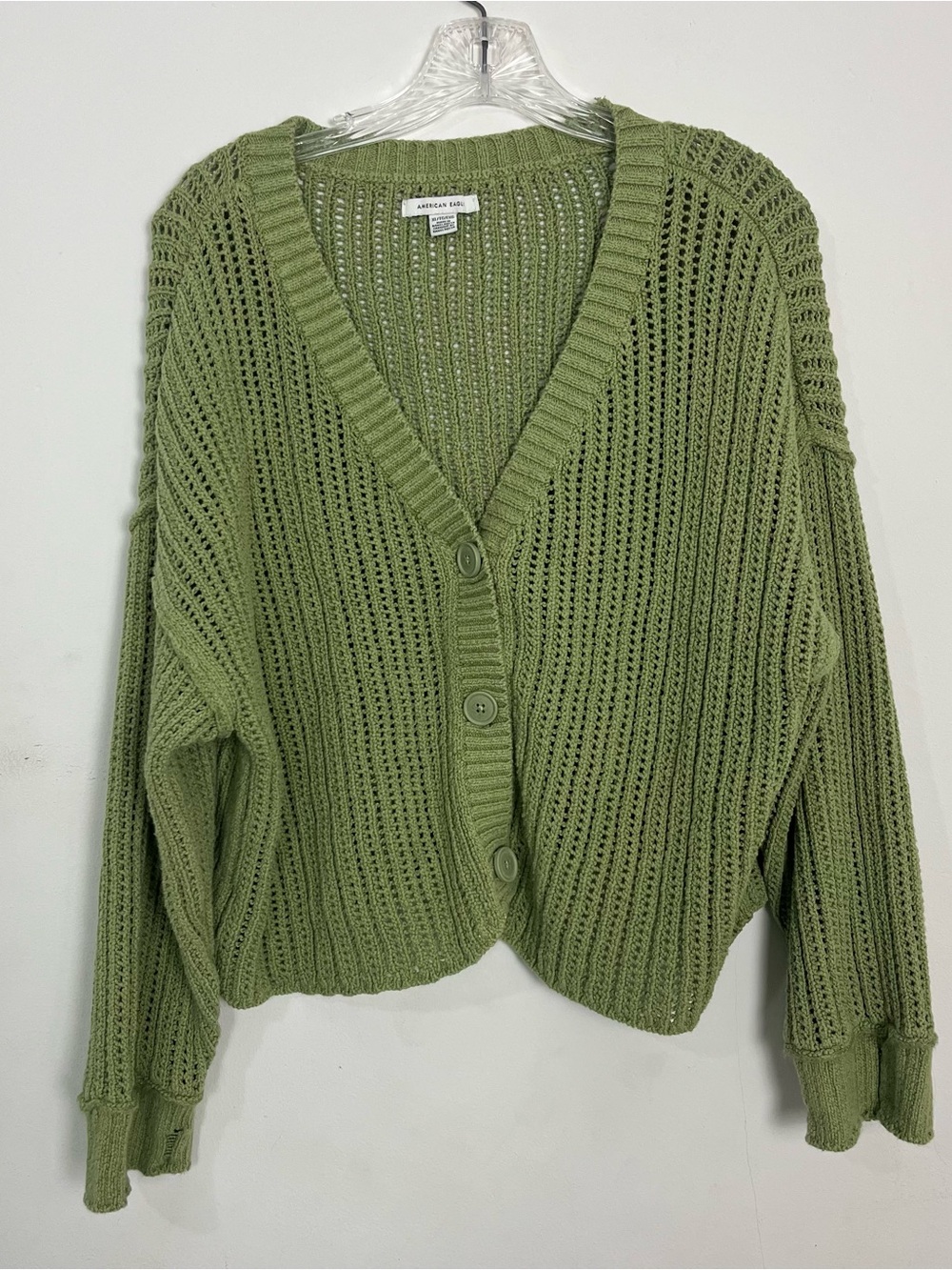 American Eagle Outfitters Distressed. Olive Green Open-Knit Button Cardigan